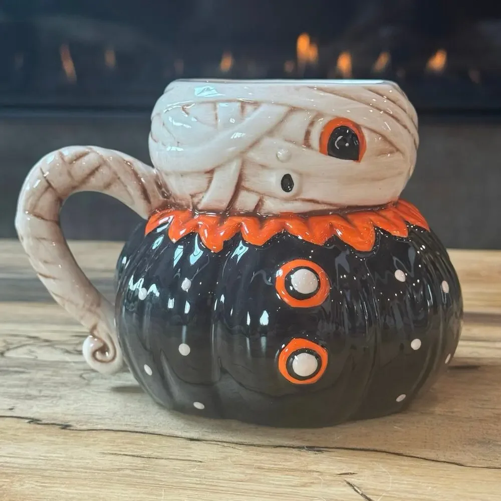 Johanna Parker Designs Halloween Mummy Pumpkin Mug Transpac Ceramic Folk Art New